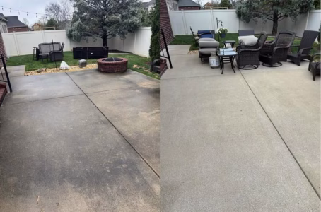 Side-by-side view of a backyard patio before and after cleaning, with furniture added in the after image.
