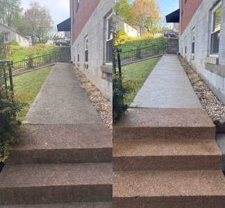 Side-by-side comparison of a concrete walkway and steps before and after resurfacing near a brick house.