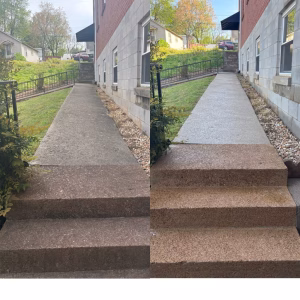 Side-by-side comparison of a concrete walkway and steps before and after resurfacing near a brick house.