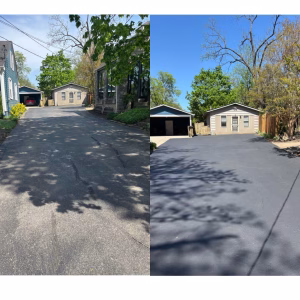 Side-by-side comparison of a driveway before and after resurfacing with new black asphalt.