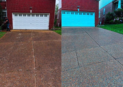 Side-by-side view of a driveway before and after cleaning in front of a brick garage with white doors.